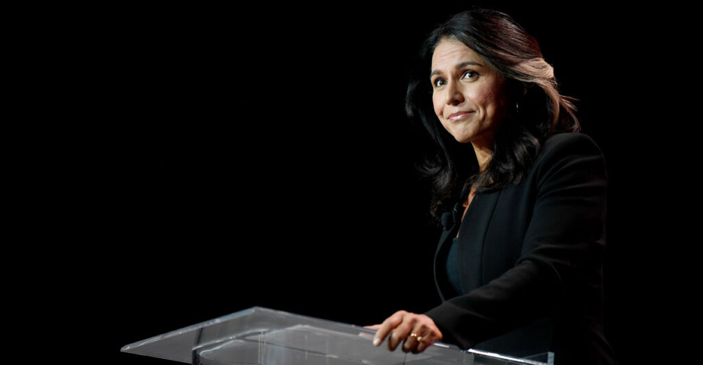 Long before becoming director of national intelligence, Tulsi Gabbard speaks May 19, 2023, in Miami Beach, Florida, at a conference on bitcoins.