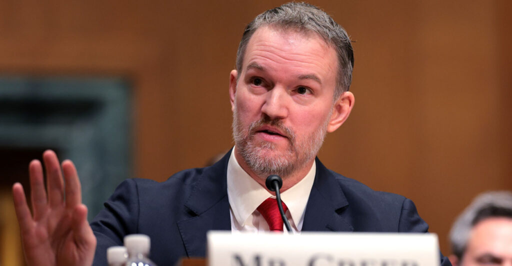 Jamieson Greer, at the time President Donald Trump's nominee to be the U.S. trade representative, testifies during his Senate Finance Committee confirmation hearing on Feb. 6.