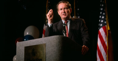 Pat Buchanan is seen here speaking at a Christian Coalition event on Feb. 29, 1996.