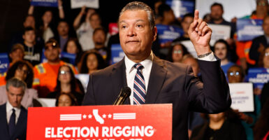 Sen. Alex Padilla, D-Calif., speaks at a press conference at the Democracy Center, Japanese American National Museum on August 14, 2025 in Los Angeles, California.