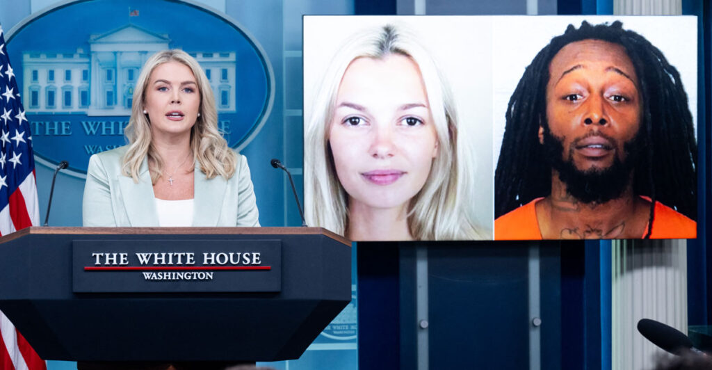 Karoline Leavitt at White House press room podium next to picture of Iryna Zarutska and her suspected murderer Decarlos Brown Jr.