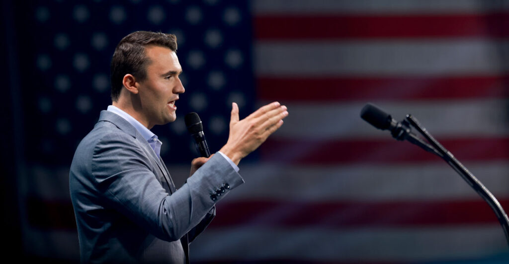 Charlie Kirk, who founded Turning Point USA, speaks before once-and-future President Donald Trump's arrival for a Turning Point USA Believers Summit conference on July 26, 2024, in West Palm Beach, Florida.
