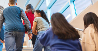 A group of students walking up stairs outside of a school