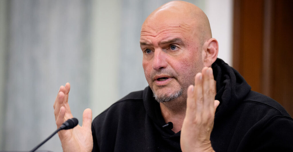 Sen. John Fetterman, D-Pa., speaks during a Senate Transportation Committee hearing on May 14, 2025 on Capitol Hill in Washington, DC.