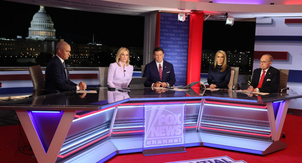 From left, political commentator Harold Ford Jr., Fox News anchors Martha MacCallum and Bret Baier, and political commentators Dana Perino and Larry Kudlow appear on the Fox News Channel on March 4.