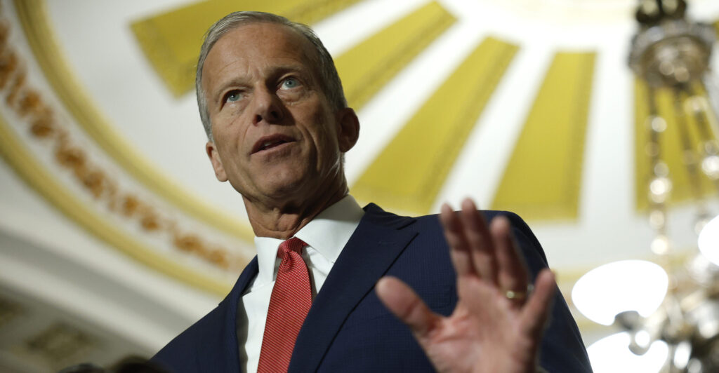 Senate Majority Leader John Thune, R-S.D., speaks to reporters at the Capitol on Tuesday.