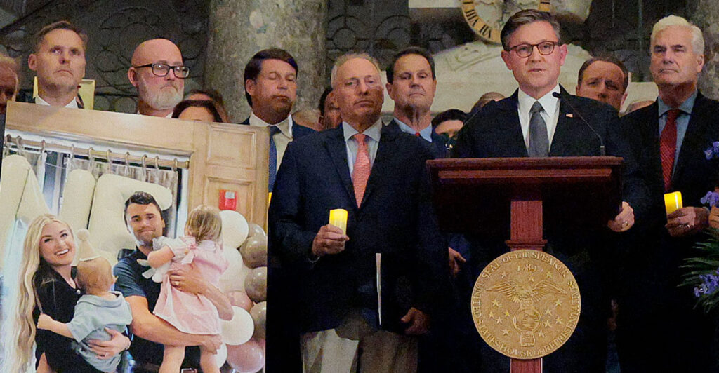 Speaker of the House Mike Johnson, R-La., speaks Monday at a memorial service for Charlie Kirk.