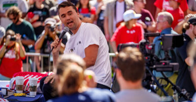 Charlie Kirk speaks to a crowd at Utah Valley University.