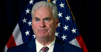 Tom Emmer stands in front of an American flag.