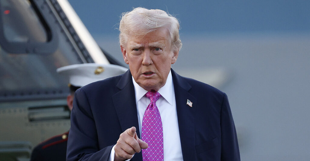 U.S. President Donald Trump walks to Air Force One at Morristown Airport on September 14, 2025 in Morristown, New Jersey.
