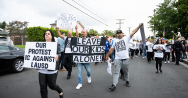 Armenian parents and their supporters protest a Pride assembly at Saticoy Elementary School in North Hollywood on Friday, June 2, 2023.