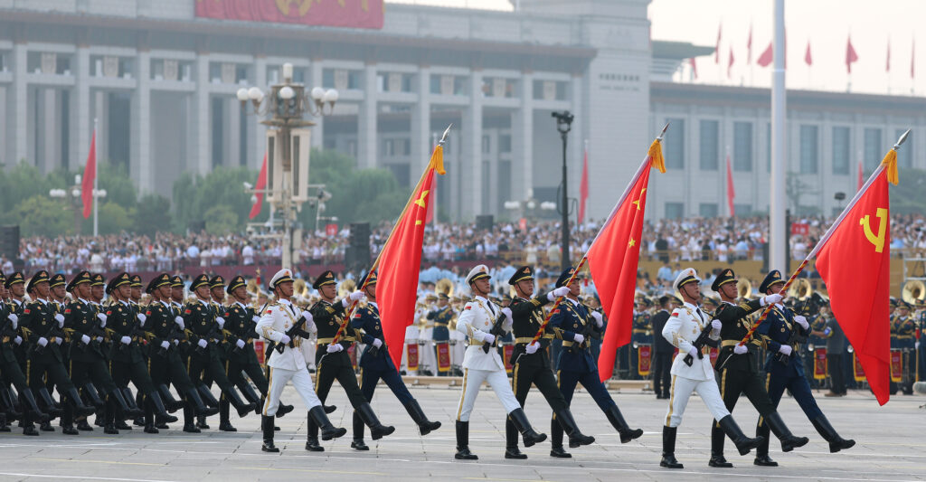 Soldiers rehearse prior to the military parade.