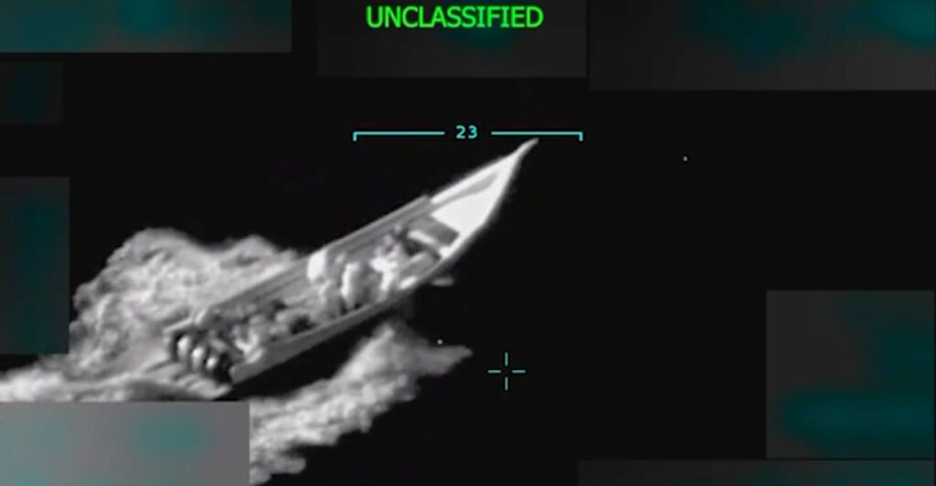 A screenshot shows what was believed to be a Venezuelan drug boat gliding through the Caribbean before being struck and destroyed.