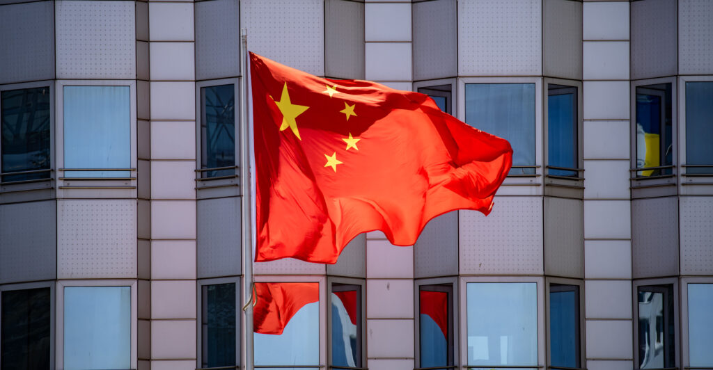 The flag of the People's Republic of China is flying in front of the Chinese Embassy in Berlin, Germany, on May 15, 2024.