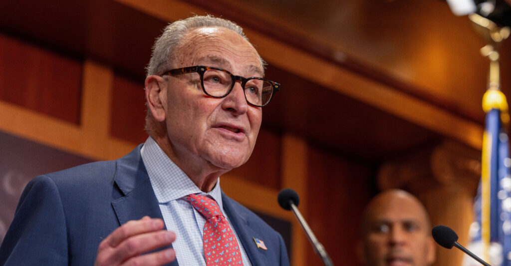 Senate Minority Leader Charles Schumer (D-NY) speaks to media during a press conference at the U.S. Capitol.