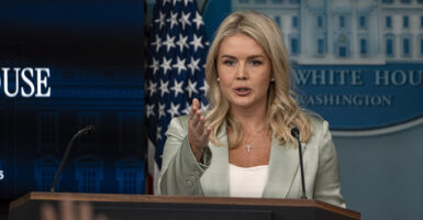 White House press secretary Karoline Leavitt at her lectern during a press briefing