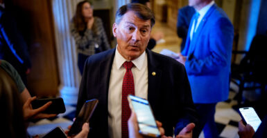Sen. Mike Rounds, R-S.D., speaks to reporters outside the Senate Chamber on Monday.