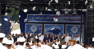 The graduation ceremony at the U.S. Merchant Marine Academy at Kings Point, N.Y.