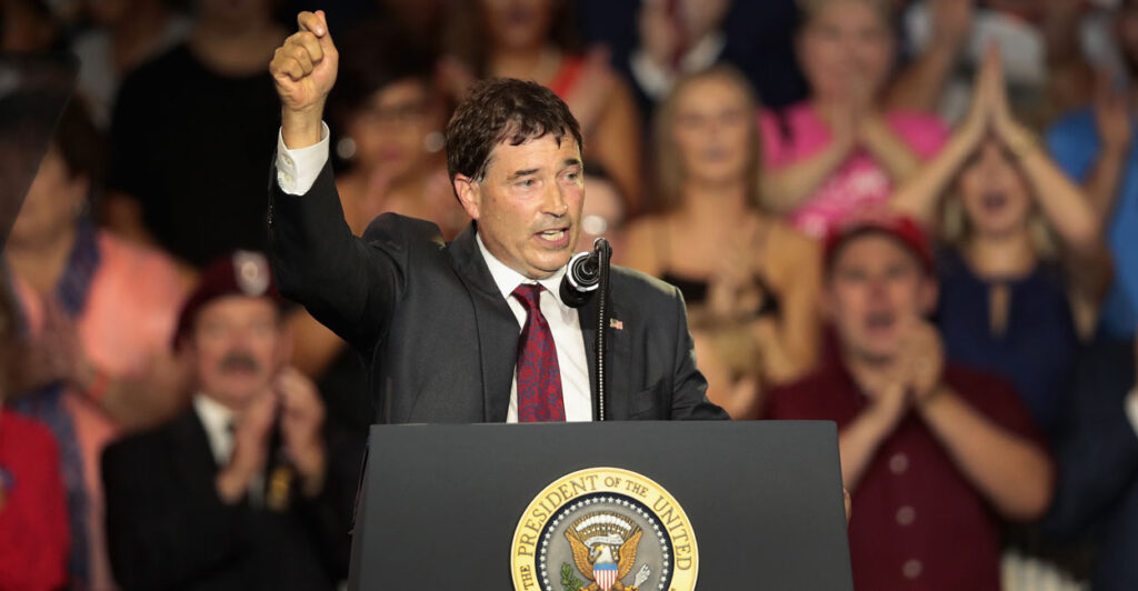 Now a member of Congress, Troy Balderson is seen here speaking at a campaign rally on Aug. 4, 2018, in Lewis Center, Ohio.