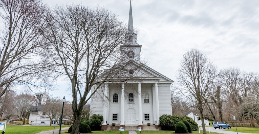 The First Presbyterian Church of East Hampton in East Hampton, N.Y., built in 1861 with a bell tower and steeple added a century later.