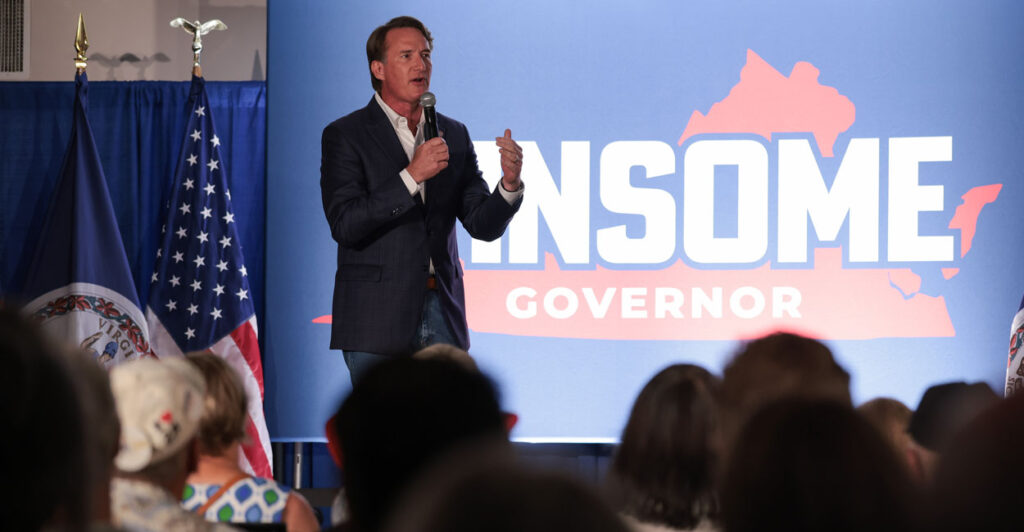 Republican Virginia Gov. Glenn Youngkin is seen here campaigning for his would-be successor, Lt. Gov. Winsome Earle-Sears, on July 1 in Vienna, Virginia.