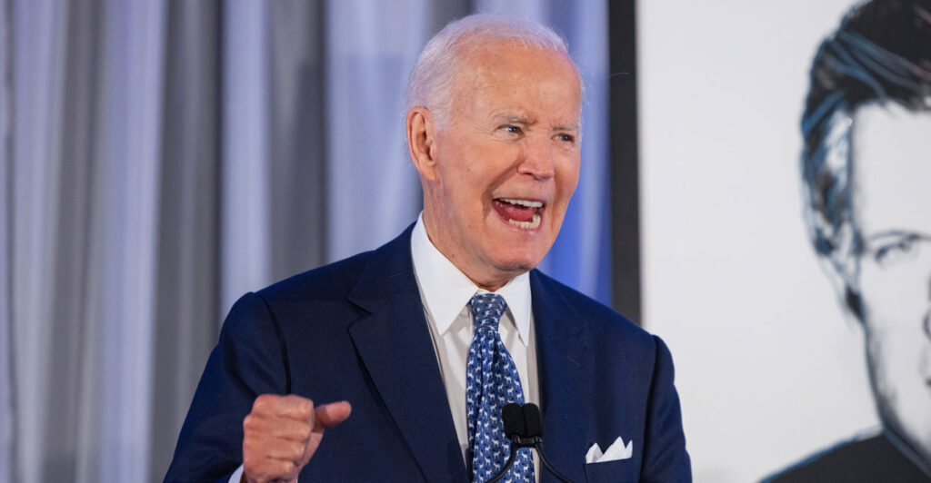 Former President Joe Biden delivers remarks at the Edward Kennedy Institute's 10th anniversary celebration Tuesday in Boston, Massachusetts.