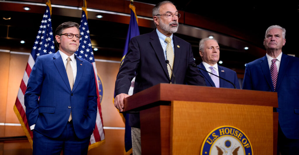 House Freedom Caucus Chairman Rep. Andy Harris, R-Md., speaks at a GOP news conference as House Speaker Mike Johnson, R-La. (left); House Majority Leader Steve Scalise, R-La. (second from right); and House Majority Whip Tom Emmer, R-Minn., look on.