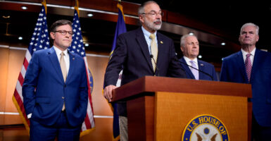 House Freedom Caucus Chairman Rep. Andy Harris, R-Md., speaks at a GOP news conference as House Speaker Mike Johnson, R-La. (left); House Majority Leader Steve Scalise, R-La. (second from right); and House Majority Whip Tom Emmer, R-Minn., look on.