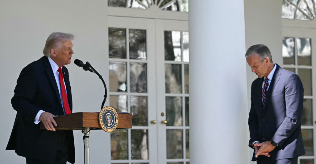 President Donald Trump introduces Senate Majority Leader John Thune, R-S.D., at a "Rose Garden Club" lunch at the White House on Oct. 21.