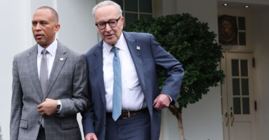 House Minority Leader Hakeem Jeffries, D-N.Y., left and Senate Minority Leader Charles Schumer, D-N.Y., leave the White House on September 29, 2025 in Washington, DC.