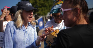 Virginia Democrat gubernatorial candidate Abigail Spanberger, in a blue shirt and black cap reacts to touching a pet iguana at a Labor Day event.
