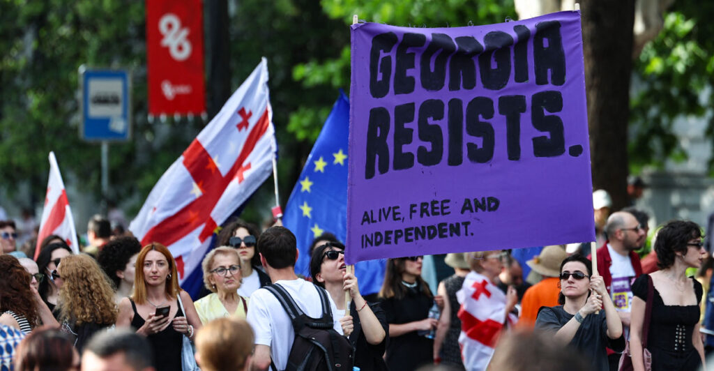 Georgian opposition supporters rally in Tbilisi.
