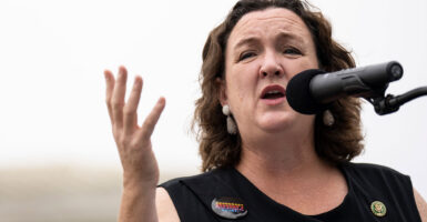 Then-Rep. Katie Porter, D-Calif., speaks to a small rally in front of the U.S. Supreme Court, on June 22, 2023.