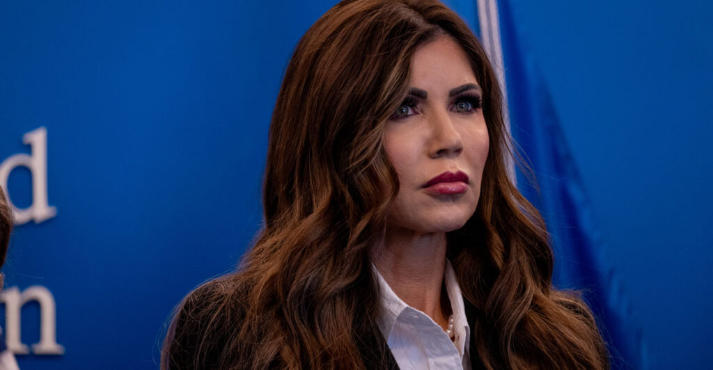 Homeland Security Secretary Kristi Noem looks ahead while speaking during a July 21 press conference in New York City.