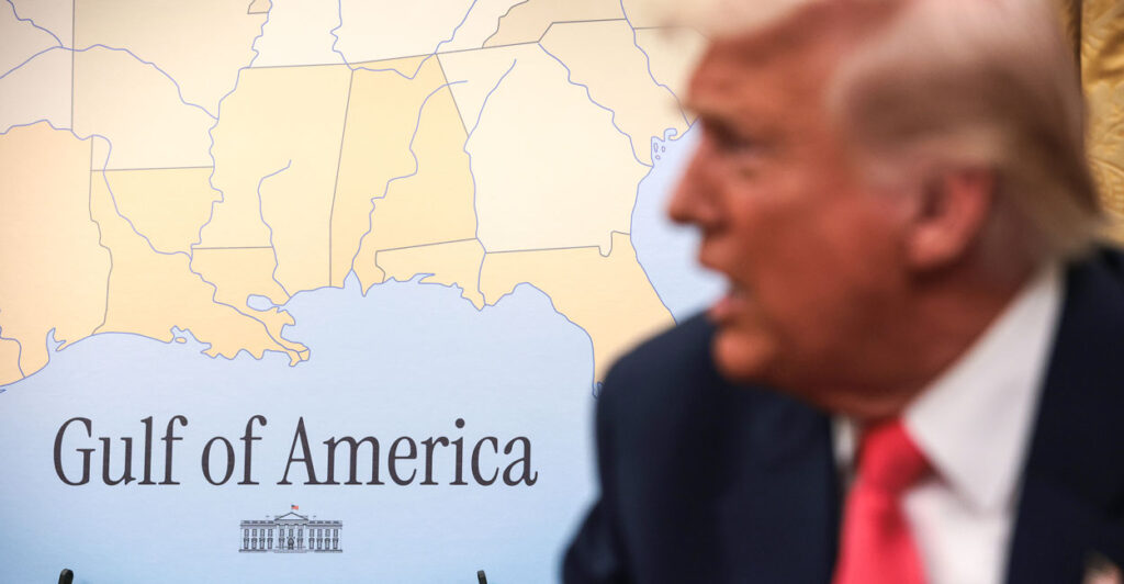 Profile of President Trump in front of a Map of the Gulf of America, as he focuses on order in the Americas.