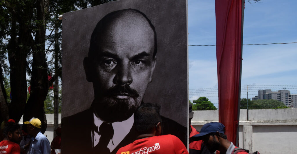 A poster of Vladimir Lenin during a May Day rally in Sri Lanka.