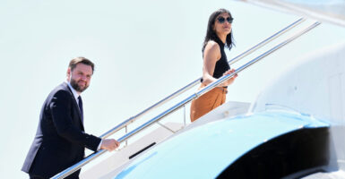 Vice President JD Vance and second lady Usha Vance board Air Force Two at Leonardo da Vinci International Airport in Rome, Italy, on May 19.