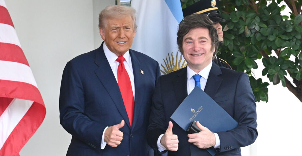 President Donald Trump and Argentina's President Javier Milei give a thumbs up outside the White House.