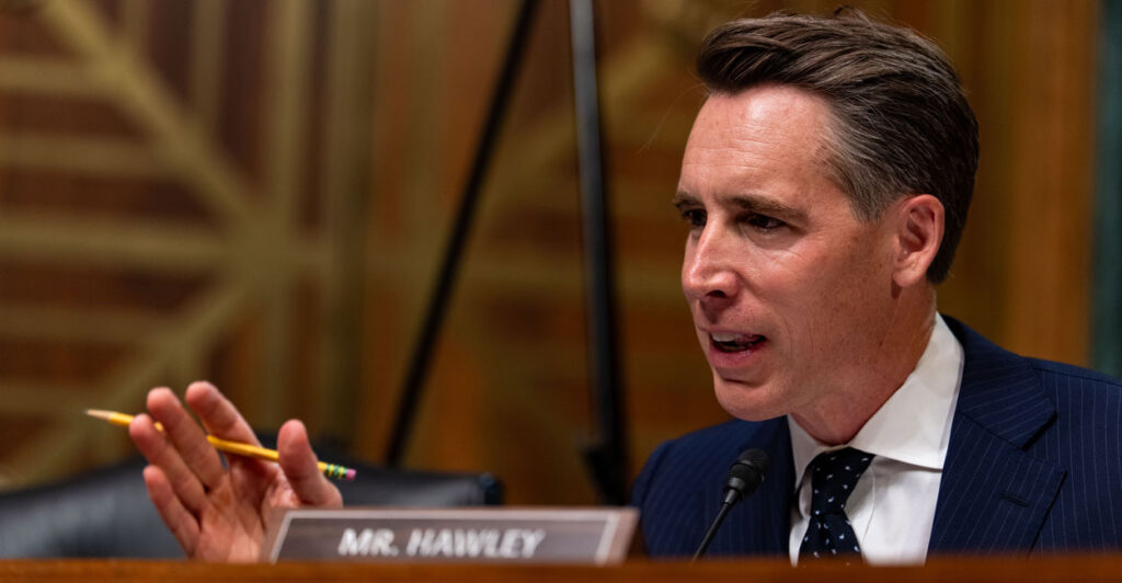 Josh Hawley speaks during a Senate hearing.