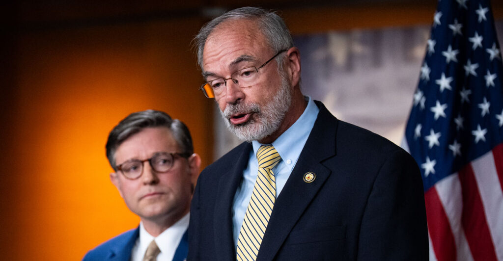 Speaker of the House Mike Johnson (left) and Freedom Caucus Chairman Rep. Andy Harris speak at a joint press conference on the government shutdown.