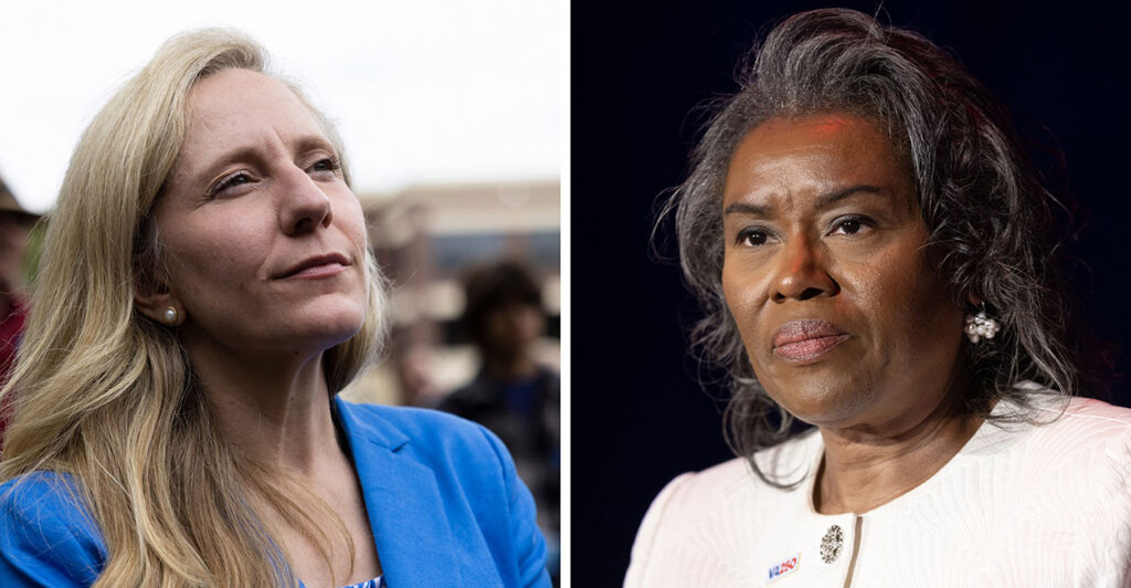 Abigail Spanberger in blue and Winsome Earle-Sears in white. These are the two leading candidates in the Virginia governor race