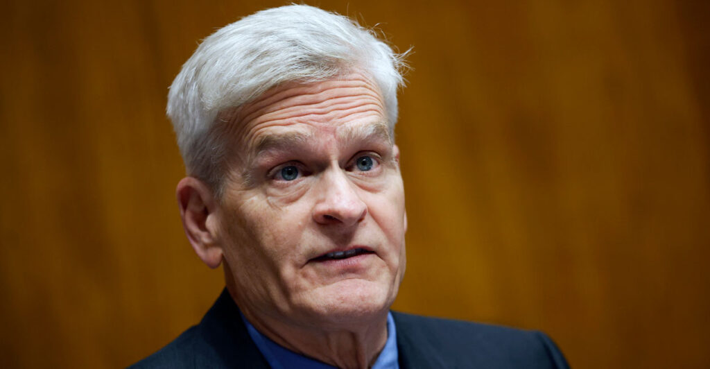 Close-up of white-haired Sen. Bill Cassidy of Louisiana.