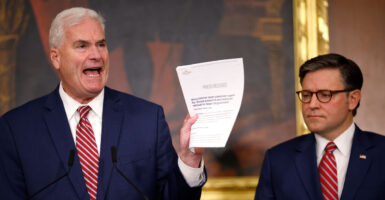 House Majority Whip Tom Emmer, R-Minn. (left), and Speaker of the House Mike Johnson, R-La.