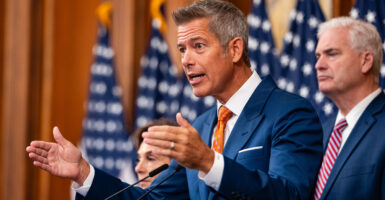 U.S. Secretary of Transportation Sean Duffy speaks alongside Representative Lisa McClain and Representative Tom Emmer during a press conference on air traffic controller pay and the government shutdown at the U.S. Capitol on October 23, 2025 in Washington, DC.
