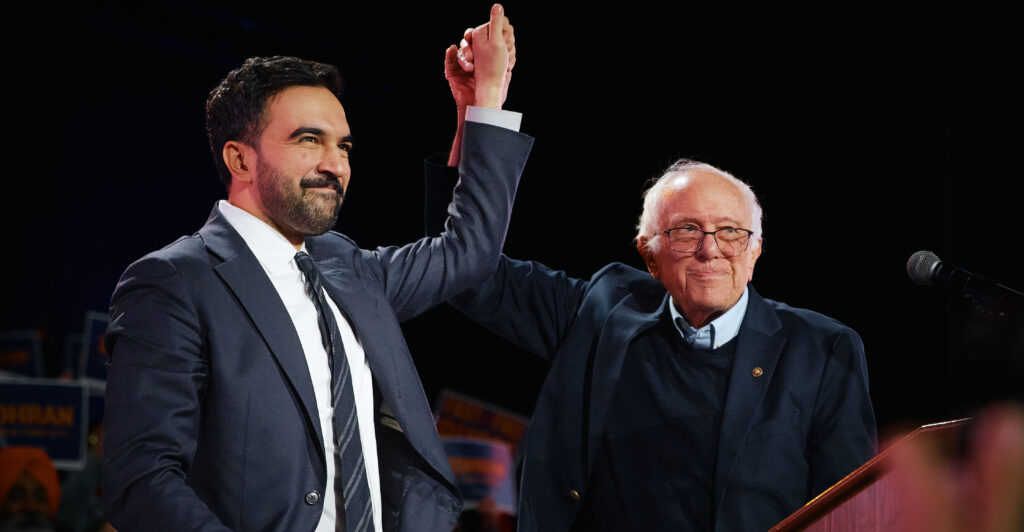 New York Mayoral Candidate Zohran Mamdani celebrates with Sen. Bernie Sanders (I-VT).