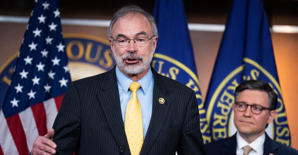 Andy Harris and Mike Johnson speak together at a press conference.