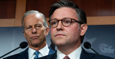 Speaker of the House Mike Johnson and Leader John Thune discuss the shutdown in the capitol.