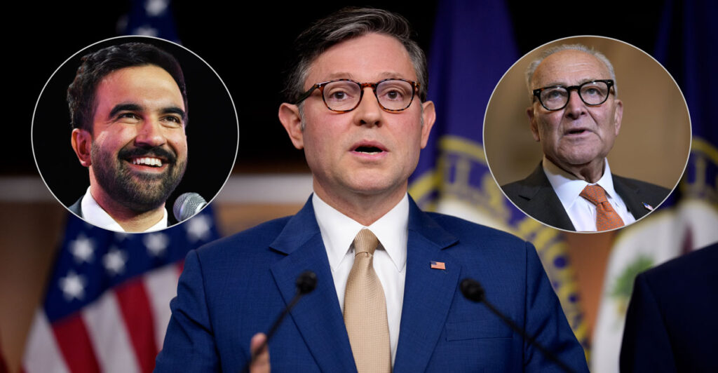 House Speaker Mike Johnson holds a Capitol news conference, with images of Senate Minority Leader Chuck Schumer, D-N.Y. (right) and New York City Democrat mayoral candidate Zohran Mamdani superimposed.