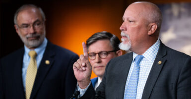 From left, House Freedom Caucus Chairman Rep. Andy Harris, R-Md.; Speaker of the House Mike Johnson, R-La.; and Rep. Chip Roy, R-Texas