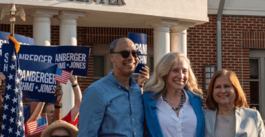 Jay Jones, Abigail Spanberger, and Ghazala Hashmi at a rally